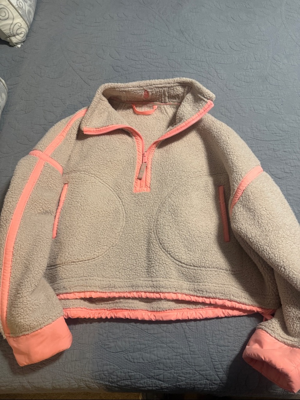 FP Movement by Free People Beige Teddy Jacket with Coral Trim